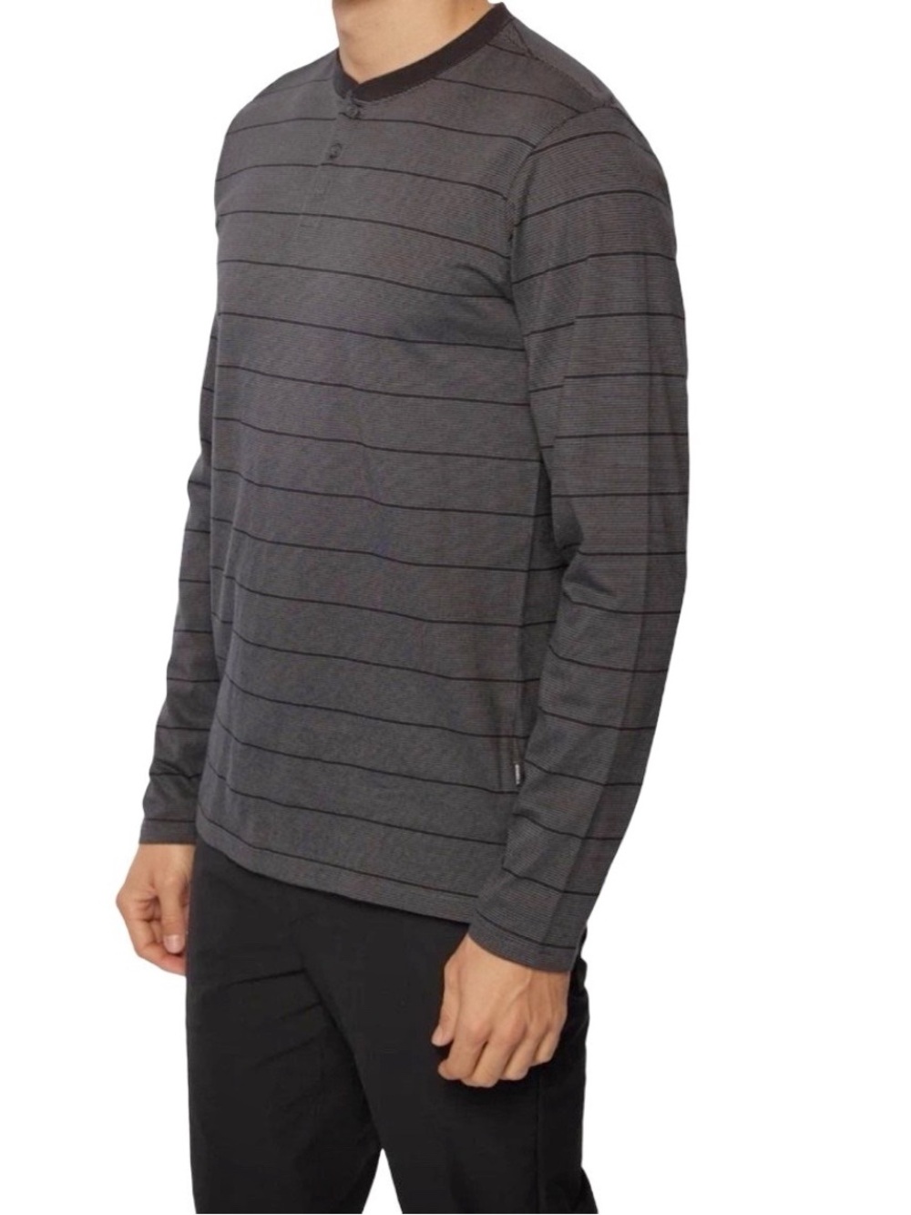 NWT O'Neill Preston Henley Grey/Black Striped Cotton Blend Long Sleeve Shirt